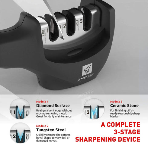 Kitchen Knife Sharpener - 3 Stage Knife Sharpening Tool Sharpens Chef's Knives - Kitchen Accessories Help Repair, Restore and Polish Blades Quickly, Food Safety Cut Resistant Glove Included, Black