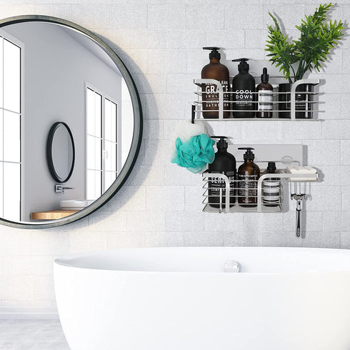 Shower Caddy Shelf Organizer 2-Pack with Soap Dishes, No Drilling Wall Mounted Shower Organizer with 4 Adhesives and 4 Hooks, SUS304 Stainless Steel Shower Storage Rack for Bathroom, Kitchen(Silver)