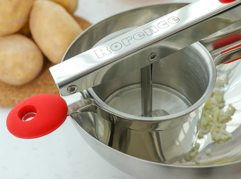 Rorence Stainless Steel Potato Ricer with 3 Interchangeable Discs & Inner Cup & Silicone Grip Handles - Black