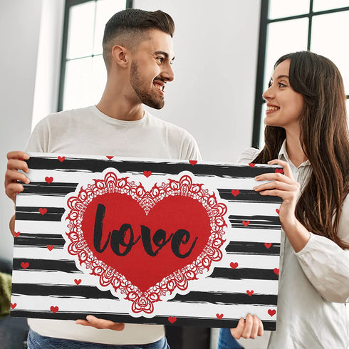 Valentine's Day Area Rug Doormat, Valentines Day Black White Striped Door Mat with Non Slip Backing, Romantic Red Heart Entrance Mats for Indoor Outdoor, Valentine's Day Home Decor, 18 x 30 Inch
