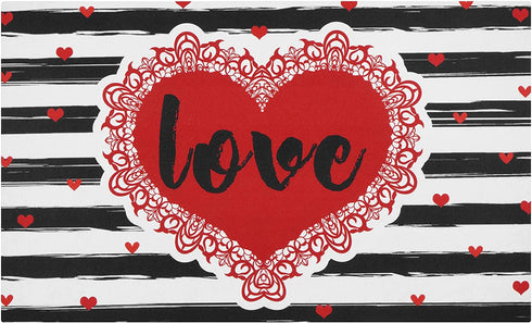 Valentine's Day Area Rug Doormat, Valentines Day Black White Striped Door Mat with Non Slip Backing, Romantic Red Heart Entrance Mats for Indoor Outdoor, Valentine's Day Home Decor, 18 x 30 Inch