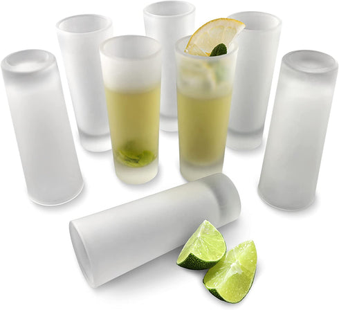 Frosted Shot Glasses, Tequila Shooter, Tall Heavy Base Frosty Glass, Mezcal Vodka and Liquor Mini Cups, 2 oz. Set of 8