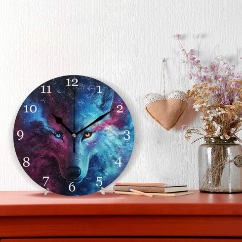 KUWT Galaxy Wolf Wall Clock Silent Non-Ticking, 9.5 Inch Round Wall Clock Battery Operated Wolf Clock Decor for Boys Room Home Wall Bathroom Kitchen Bedroom Living Room Office Classroom Patio