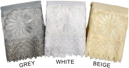 Daisy Dream. Kitchen Cafe Curtain Set for Small Windows. Satin Fabric with Matching Color Daisy Embroidery and Lace. (Grey, Swag and 24 inches Tiers Set)