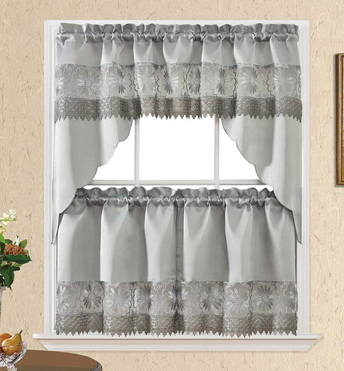 Daisy Dream. Kitchen Cafe Curtain Set for Small Windows. Satin Fabric with Matching Color Daisy Embroidery and Lace. (Grey, Swag and 24 inches Tiers Set)