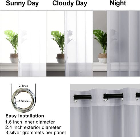 Hiasan Grey Sheer Curtains for Bedroom with Tiebacks, Light Filtering Semi Transparent Airy Voile Grommet Window Curtains for Living Room, Kids' Room, Nursery, W52 x L54, 2 Drape Panels