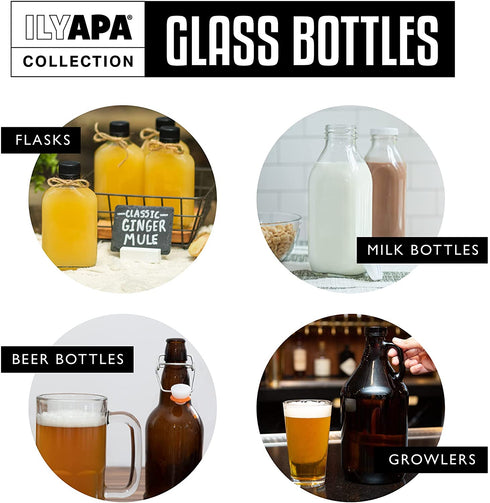 Ilyapa 200 ml Glass Flask Bottle - 6 Pack Liquor Pocket Flask with Plastic Top, Sauce, Oil, Syrup Bottle