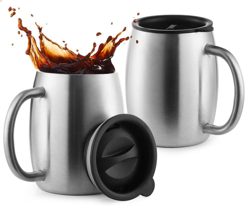 Stainless Steel Coffee Mugs with Spill Resistant Lids, 14 Oz Double Walled Insulated Coffee, Tea or Beer Cups, Set of 2