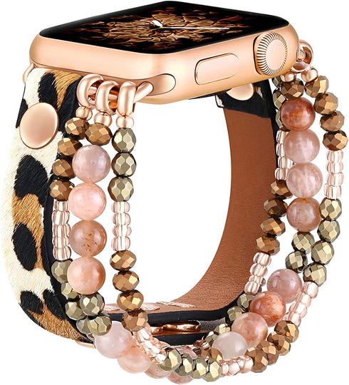 fastgo Bracelet Band Beaded Compatible with Apple Watch 38mm 40mm 41mm Women, Elastic Leather Leopard Strap for Iwatch SE& Series Ultra 8 7 6 5 4 3 2 1(Cheetah/Gold,38/40/41mm)