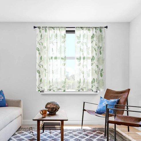 CUTEWIND 45 Inch Green Flower Leaves Print Linen Texture Semi Sheer Curtains Rod Pocket Living Room Basement Bedroom Window Luxury Retro Floral Printed Curtain 2 Panels