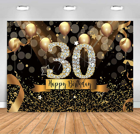 Sensfun Happy 30th Birthday Party Backdrop for Women Black Gold Balloons Sparkle Bokeh Dots Photography Background Fabulous Thirty Birthday Banner Cake Table Decoration Supplies Photo Backdrops 7x5ft