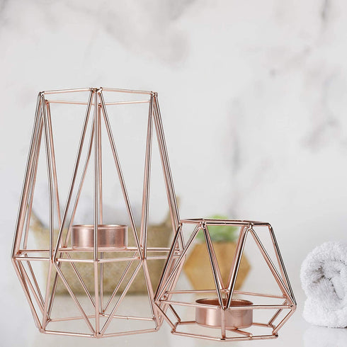 Homtone Metal Wire Tealight Candle Holders Centrepiece for Tables Decor,Gold Geometric Shape Holders for Living Room Bathroom Decorations,Set of 2 (Rose Gold)