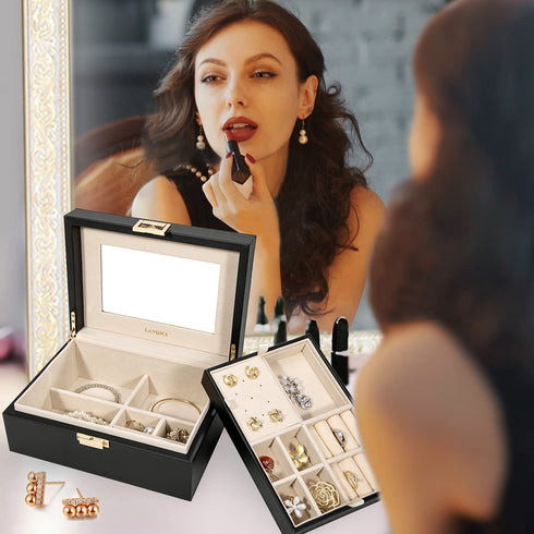 LANDICI Jewelry Box Organizer for Women Teen Girls, Large Jewelry Storage Case with Mirror and 2 Layer Removable Tray, Leather Jewellery Display Holder for Ring Necklace Earring Bracelets, Black
