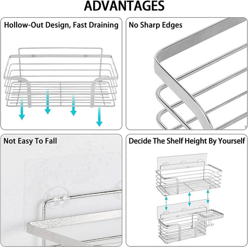 Shower Caddy Shelf Organizer 2-Pack with Soap Dishes, No Drilling Wall Mounted Shower Organizer with 4 Adhesives and 4 Hooks, SUS304 Stainless Steel Shower Storage Rack for Bathroom, Kitchen(Silver)