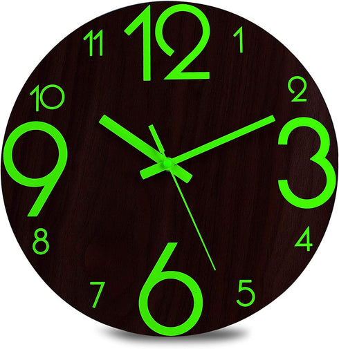 Plumeet Luminous Wall Clock - 12'' Non-Ticking Silent Wooden Clocks with Night Light - Large Decorative Wall Clock for Kitchen Office Bedroom,Battery Operated (Brown Face)