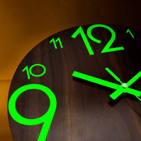 Plumeet Luminous Wall Clock - 12'' Non-Ticking Silent Wooden Clocks with Night Light - Large Decorative Wall Clock for Kitchen Office Bedroom,Battery Operated (Brown Face)