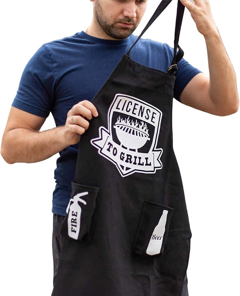 BitimexHome BBQ Aprons For Men With Pockets-Grilling Cooking Apron For Men-Black Denim Funny License To Grill Mens Kitchen Apron-Heavy Duty Chef Apron Adjustable Cotton Bib With Buckle And Beer Holder