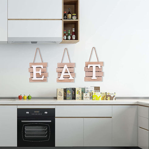 Eat Signs Wood Wall Art Wall Decor Plaque with Hanging Rope 3 Pieces Decorative Rustic Farmhouse Country for Kitchen Dining Living Home Decoration (White)