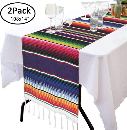 Mexican Table Runner for Cinco de Mayo Decorations, 108" x 14" 2Packs Hand Woven Mexican Blanket Table Runner Fiesta Party Supplies, Fringe Cotton Serape Table Runner for Mexican Party Wedding Decor