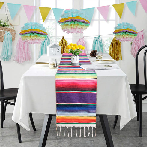 Mexican Table Runner for Cinco de Mayo Decorations, 108" x 14" 2Packs Hand Woven Mexican Blanket Table Runner Fiesta Party Supplies, Fringe Cotton Serape Table Runner for Mexican Party Wedding Decor