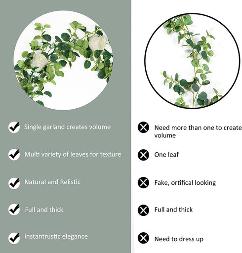 Artificial Eucalyptus Garland, Seasky Greenery Garland Vines with Lights Garland Eucalyptus Leaves with 8 Roses for Garden Home Office Party Decor Indoor, Wedding Arch Decor Outdoor
