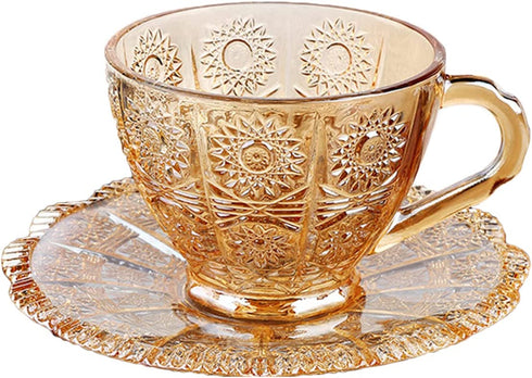 Vintage Glass Sun Flower Tea Cup, Glass Tea Cup and Saucer Set, Coffee Mug Cup-Embossed Glass, 7.2 oz (Amber)
