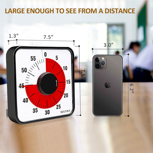 Secura 60-Minute Visual Countdown Timer, 7.5-Inch Oversize Classroom Visual Timer for Kids and Adults, Durable Mechanical Kitchen Timer Clock with Magnetic Backing (Red)