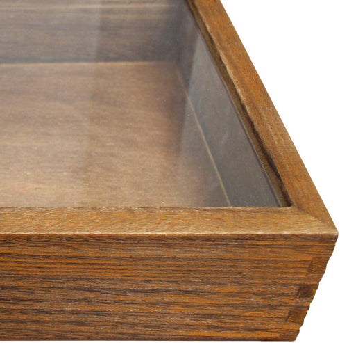 MOOCA Wood Glass Top Jewelry Display Case Accessories Storage, Wooden Jewelry Tray for Collectibles, Home Organization Box with Metal Clasp and Tempered Glass Top Lid, Brown