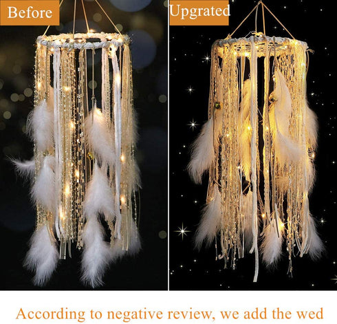 Dream Catcher Mobile Large Light Up Dream Catchers with Golden Shining Lace& Bells LED Fairy Lights Battery Powered Hanging Ornaments- 7.9Wx 22L Inches Feathers Wedding Boho Decorations Nursery Decor