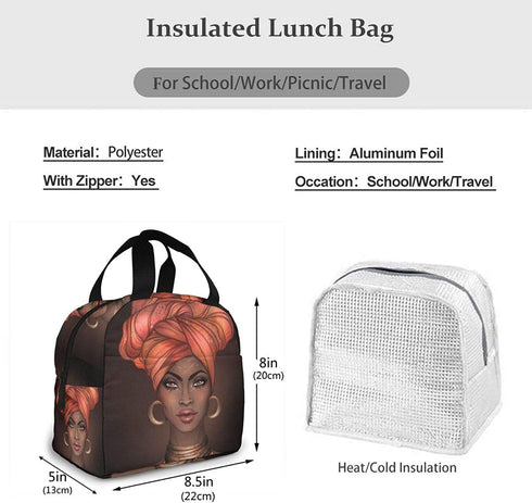 African American Woman Lunch Bag for Women Insulated Lunch Box with Front Pocket for Work Reusable Cooler Tote Bag for Office School Picnic Hiking Beach