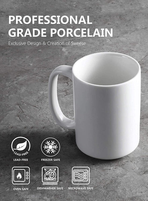 Sweese 608.001 Porcelain Mugs Set, 15 Ounce Large Handle Mugs, Set of 6, White