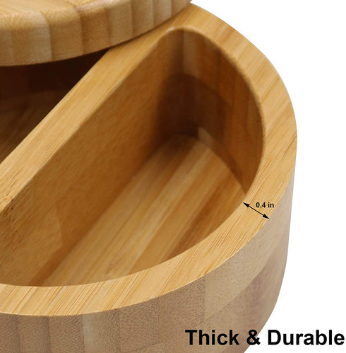 Bamboo Salt and Pepper Bowls by HTB, Divided Salt Cellar With Swivel Lid and Spoon, Seasoning Containers With Magnetic Lid to Keep Dry, Mini Spoon Built Into Top, Great When You May Have Messy Hands