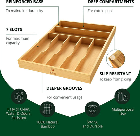 Luxury Bamboo Kitchen Drawer Organizer - Silverware Organizer and Cutlery Tray with Grooved Drawer Dividers for Flatware and Kitchen Utensils (7 Slot, Natural)
