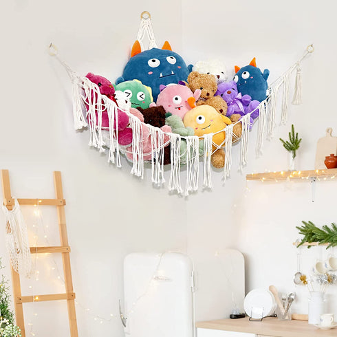 Stuffed Animal Toy Hammock Macrame, Hanging Organizer Pet Net Holder Boho Display Corner Plush Toy 3 nails for Girl Nursery Playroom Bedroom Kids Room (45inch)