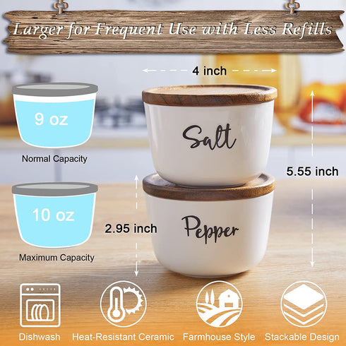 Farmhouse Salt and Pepper Bowls, DAYYET 10 oz Salt Cellar with Lid, Stacked Ceramic Salt Pepper Container with Wooden Lid, Salt Box for Countertop, Modern Farmhouse Kitchen Decor, Set of 2, White