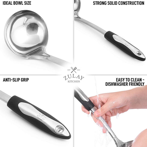 Zulay (12 inch) Stainless Steel Soup Ladle - Durable Rust Proof Soup Ladle With Ergonomic Handle - Soup Serving Spoon Ladles For Cooking, Gravy, Sauces, and More