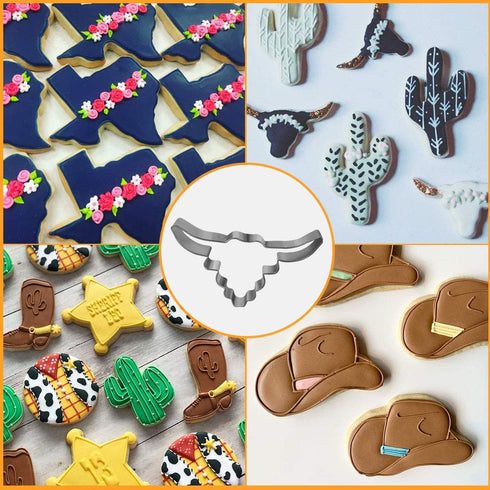 Aoerfes Western Cookie Cutters 6 Piece Texas Cutter Set, Cowboy Hat,Longhorn, Cowboy Boot ,Cactus, Round Shaped Stainless Steel Molds for Party Making Muffins, Cake Fondant Biscuits,Sandwiches