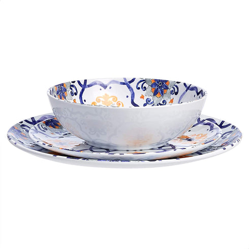 Amazon Basics 12-Piece Melamine Dinnerware Set - Service for 4, Traditional Blue & Yellow