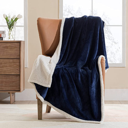 HBlife Sherpa Throw Blanket for Couch 50X60 Inches, Super Cozy Fuzzy Fleece Warm Plush Decorative Cabin Reversible Thick Blankets and Throws for Bed Sofa, Navy
