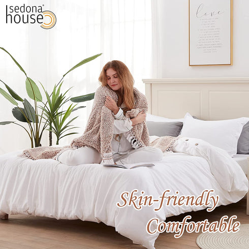Sedona House Textured Throw Blanket Sharved Back Printing Sherpa Throw Blankets with Tassels (Light Tan)
