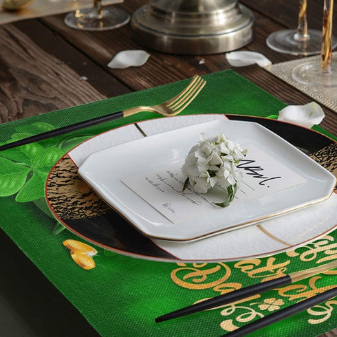 Wamika St Patricks Day Clover Placemats Set of 4 Gold Coins Pot Shamrock Table Mats Burlap Placemat Washable Non-Slip Heat Resistant Place Mats for Party Kitchen Dining Decorations 12 X 18 in