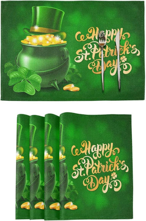 Wamika St Patricks Day Clover Placemats Set of 4 Gold Coins Pot Shamrock Table Mats Burlap Placemat Washable Non-Slip Heat Resistant Place Mats for Party Kitchen Dining Decorations 12 X 18 in