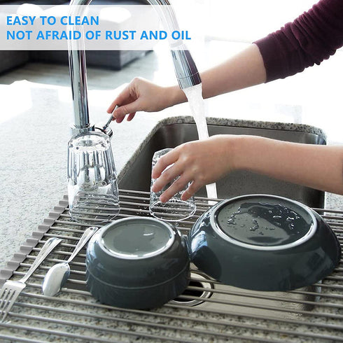 Roll Up Dish Drying Rack?Lauon Over The Sink Multipurpose Dish Drainer Tray Mat?304 Stainless Steel Foldable Dish Rack (17.8''x11.8'')
