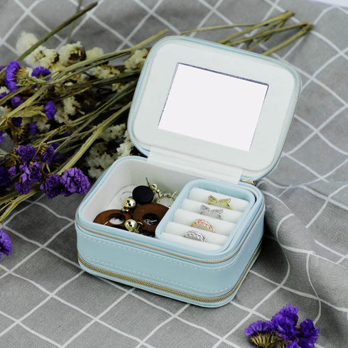 Cute Mini Jewelry Box, Portable Mirror Jewelry Organizer PU Leather Box for Women Girls Gift(Blue)