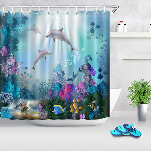 LB Dolphin Shower Curtain for Kids Bathroom with Hooks Blue Ocean Underwater Fish Coral Reef Shower Curtain Decorations 72x78 inch Extra Long Polyester Fabric Waterproof