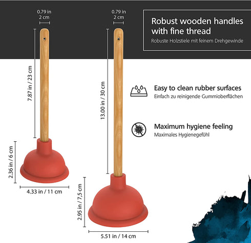 Nirox Set of 2 Sink Plungers - Drain Plunger 16" & 10.2" - Toilet Pump Unblocker with Strong Suction Performance - Plumbers Plunger is Easy to Maintain - Plumbing Plunger Made from Strong Rubber