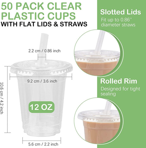 Zezzxu 50Pack 12oz Clear Plastic Cups with Hole Flat Lids and Straws, Crystal Clear PET Disposable Party Cups for Cold Drinks, Iced Coffee, Juice, Smoothie, Milkshake, Bubble Boba Tea