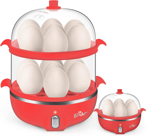 Bear Rapid Electric Egg Cooker,14 Capacity Double Tier Egg Boiler,Auto Shut-Off Egg Poacher for Hard Boiled Poached Scrambled Omelets Steamed Vegetables Dumplings,Red
