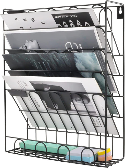EASEPRES Hanging File Holder Organizer Metal Wall Mount Document Letter Tray Magazine Rack, 6 Tier, Black