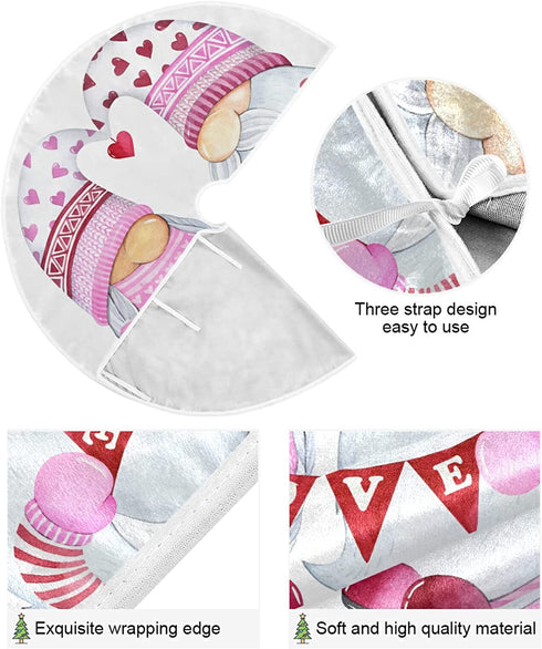 Aflyko Valentine's Day Tree Skirt Pink Gnome Love Couple Xmas Tree Base Cover Mat Party Living Room Tree Stand Mat Daily Seasonal Home Wedding Decor 35.4"